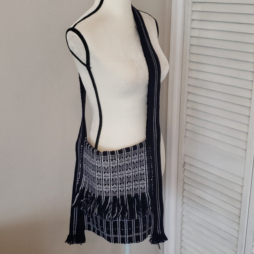Navy Blue & White Woven Crossbody Bag